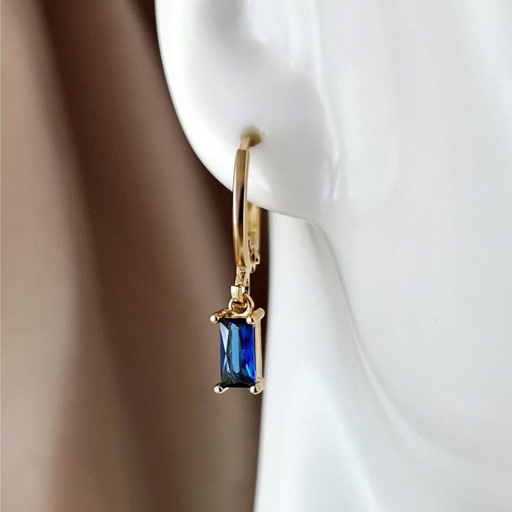 Rectangle Blue Zirconia Crystal Drop Hoop Gold Earrings Emerald Cut Gemstone New - Picture 4 of 5